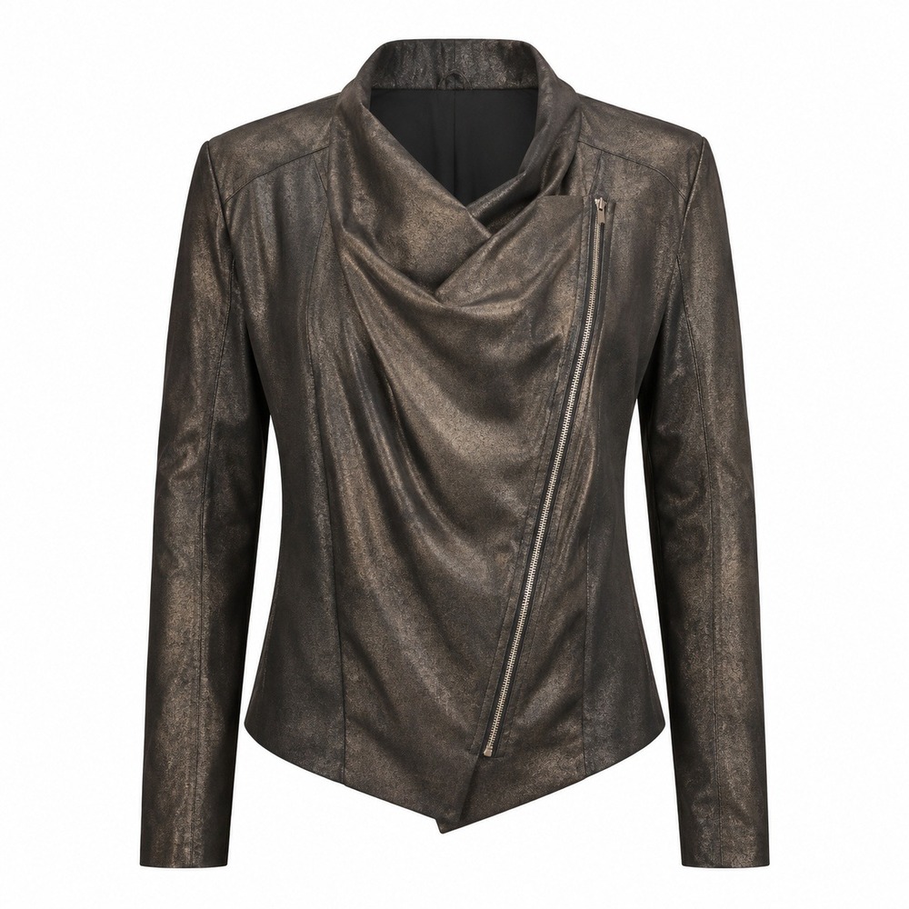 Kingston Grey Womens XL Faux Leather Asymmetrical Zip Jacket Metallic Gold Black